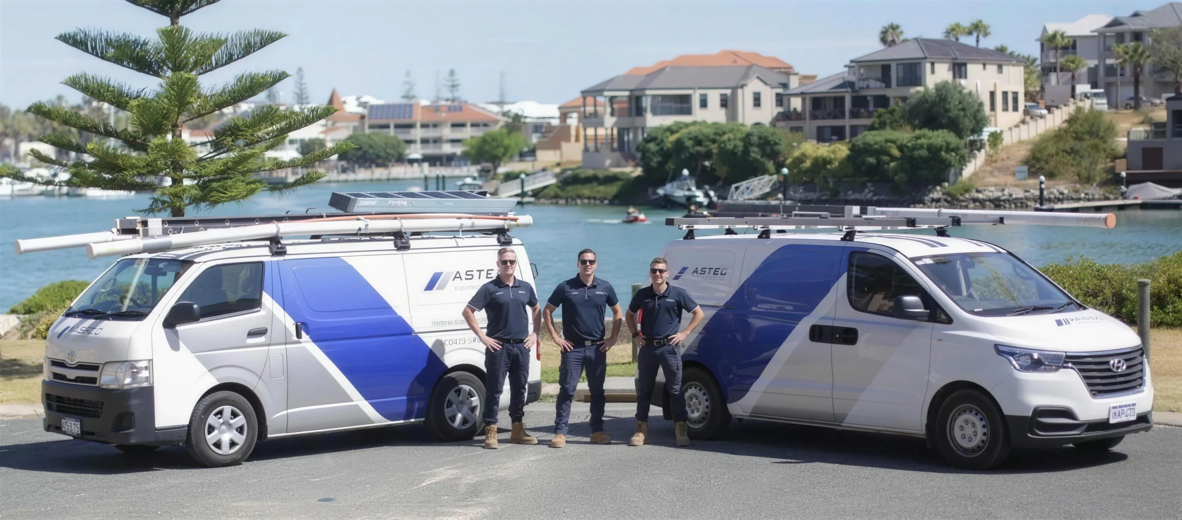 ASTEC Electricians team standing with their branded vans by the water